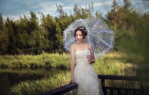 Girl, Dress, Umbrella, The bride