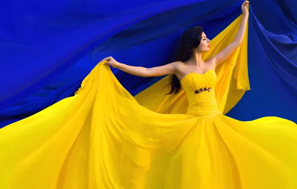Girl, dance, dress, fabric, blue background, yellow