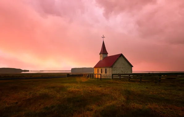 Field, the sky, grass, clouds, dawn, shore, the fence, Church