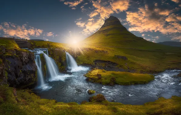 Picture the sun, clouds, mountain, waterfall, river, Iceland, Kirkjufjell