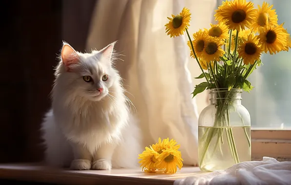 Cat, white, cat, look, light, flowers, pose, bouquet