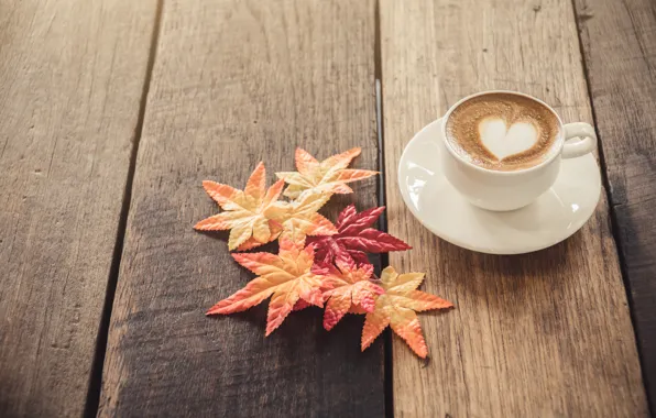 Autumn, leaves, love, heart, coffee, Cup, love, heart