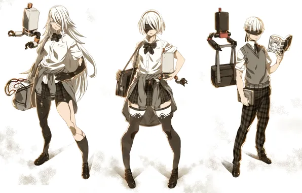 Girls, guy, trio, three, students, Nier Automata