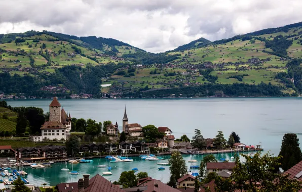 Field, mountains, lake, boat, home, Switzerland, Grindelwald