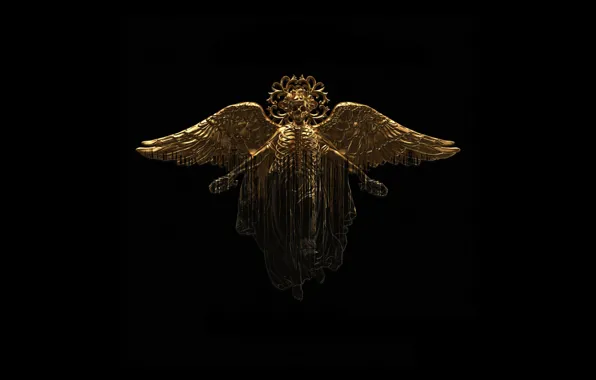 WINGS, SKULL, GOLD, ANGEL, SKELETON, BLACK BACKGROUND