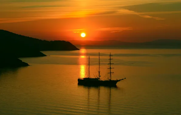 Sea, the sky, the sun, light, sunset, mountains, sailboat