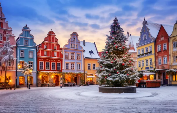 Winter, snow, decoration, night, the city, balls, street, tree