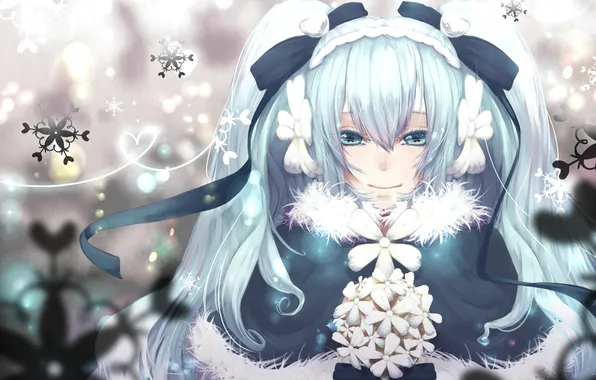 Picture cold, winter, look, girl, flowers, smile, vocaloid, hatsune miku