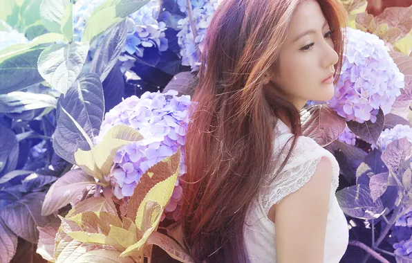 Summer, look, girl, flowers, face, hair