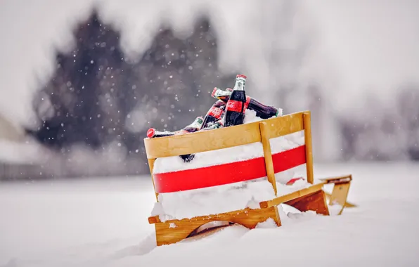 Picture winter, snow, snowflakes, bottle, drink, sled, Coca-Cola, bottle