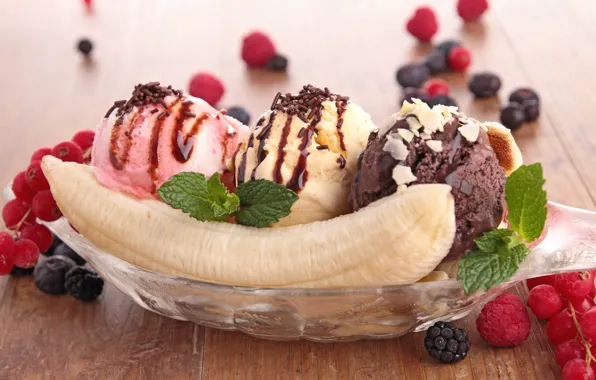 Picture raspberry, chocolate, ice cream, banana, mint, dessert, BlackBerry