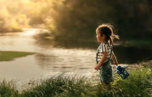 Picture summer, grass, nature, river, shore, girl, lantern, baby