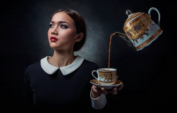 Girl, kettle, Cup, drink, saucer