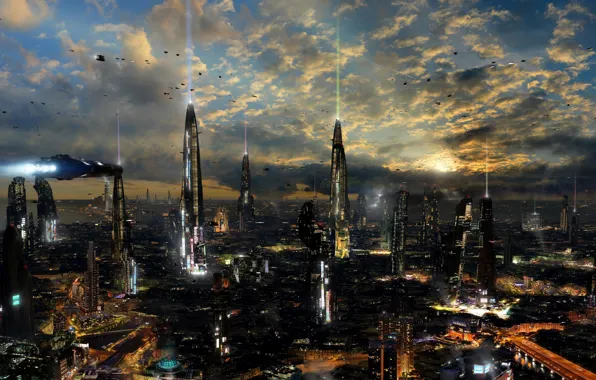 Clouds, the city, lights, future, building, road, planet, ships