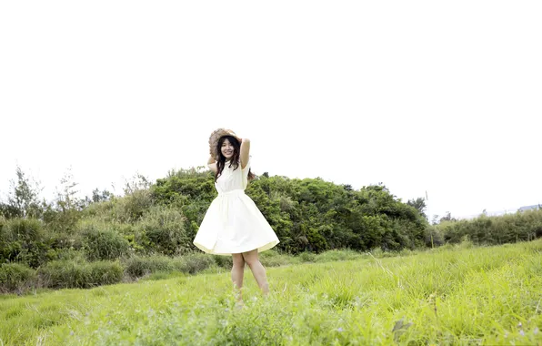 Grass, Beautiful, Asian, Model, Smile, Woman, Hat, Cute