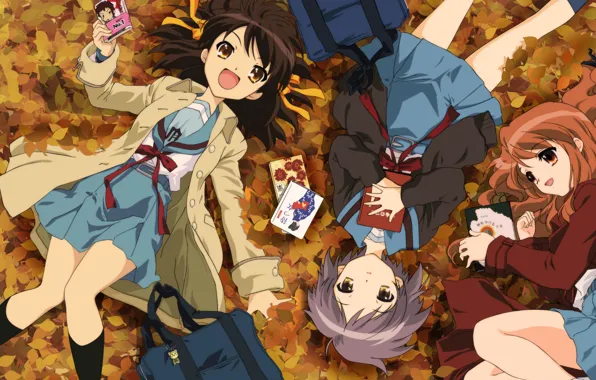 Picture leaves, book, three, nagato yuki, friend, sailor, Haruhi Suzumiya, Mikuru Asa