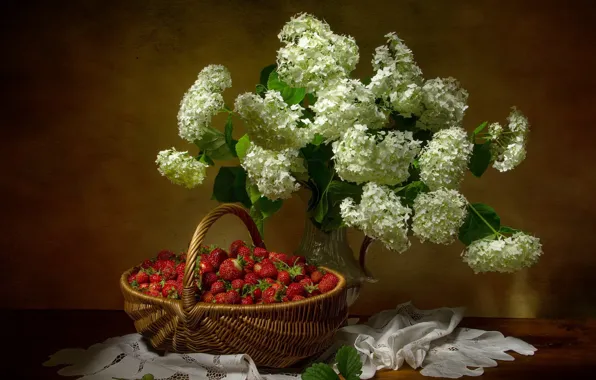 Flowers, berries, bouquet, strawberry, vase, still life, basket, napkin