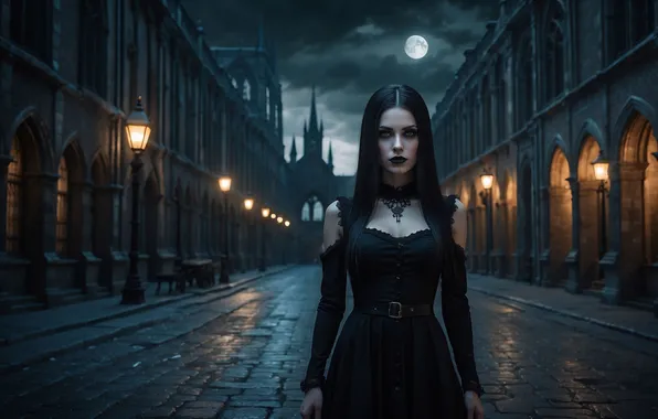 Road, girl, night, the city, castle, Gothic, the moon, building