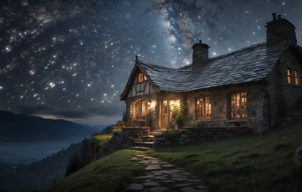 The sky, stars, night, lights, house, house, the light in the window, AI art