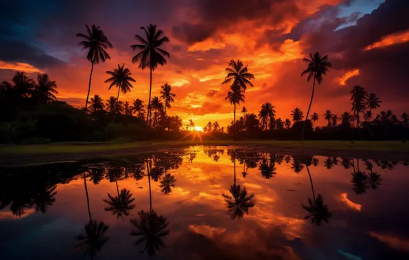 Picture sunset, reflection, palm trees, pond, AI art, neural network