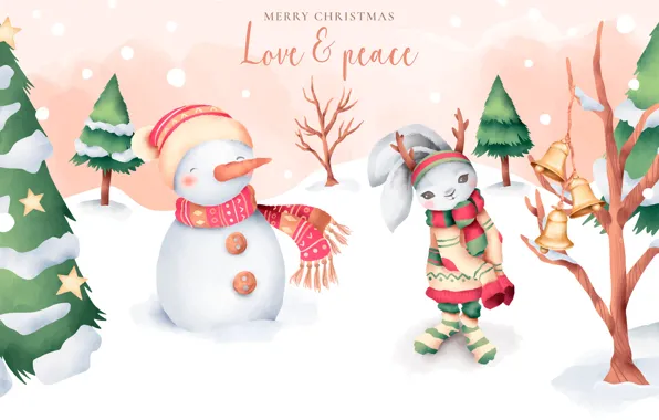 Picture winter, snow, rabbit, Christmas, New year, snowman, bells, tree