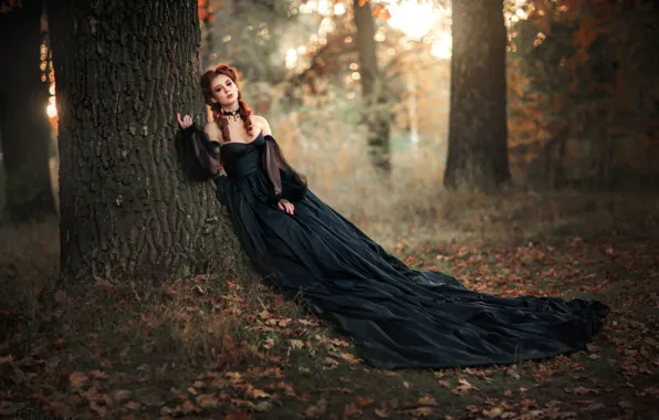 Autumn, forest, girl, trees, style, mood, dress, Olga Boyko