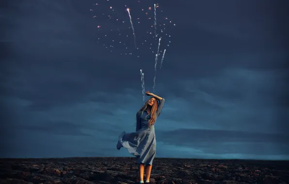 Picture girl, dress, fireworks, arable land, Rosie Hardy