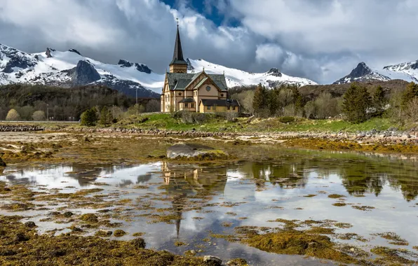 Picture mountains, Norway, temple, Norway, Vågan, The Lofoten Cathedral
