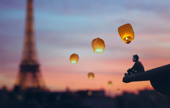 The city, Paris, tower, hat, male, lanterns, Vincent Bourilhon