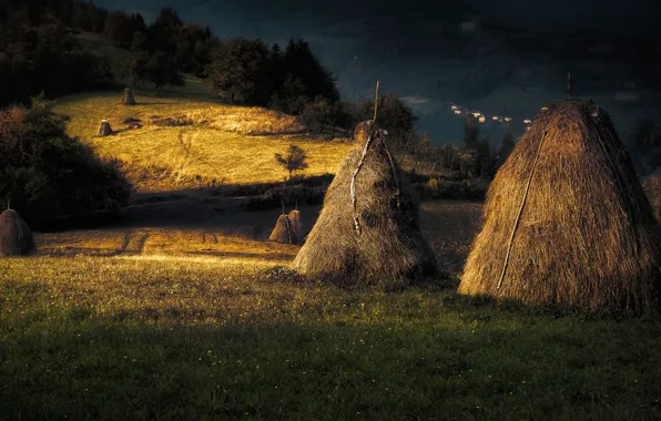 Landscape, night, nature, field, hay, stack, Adnan Bubalo