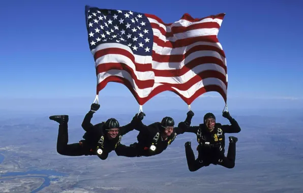 The sky, sport, risk, skydivers, American flag