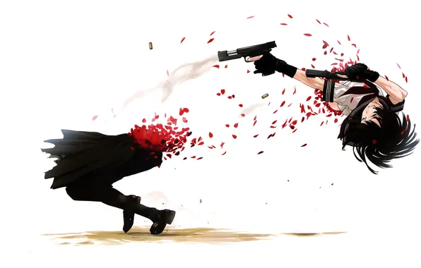 Picture girl, weapons, smoke, anime, petals, art, form, bullets