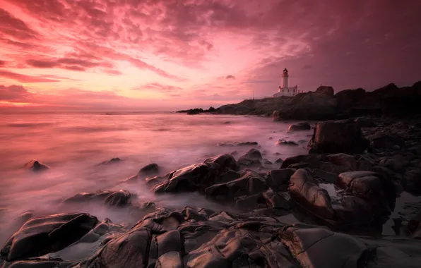 Picture sea, the sky, sunset, stones, lighthouse