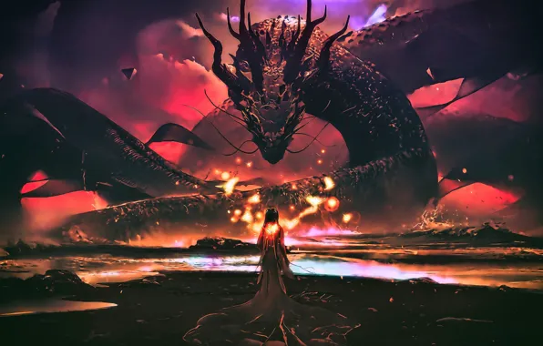 The sky, darkness, woman, dragon, heat, fantasy, fantasy, art