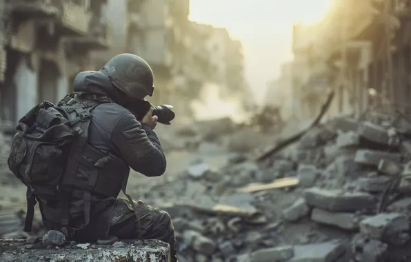 Home, the camera, devastation, male, digital art, AI art, The Art of Artificial Intelligence, War …