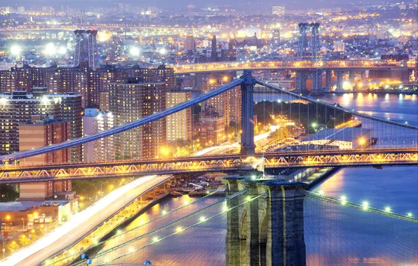 Night, the city, lights, New York, excerpt, USA, bridges, Manhattan