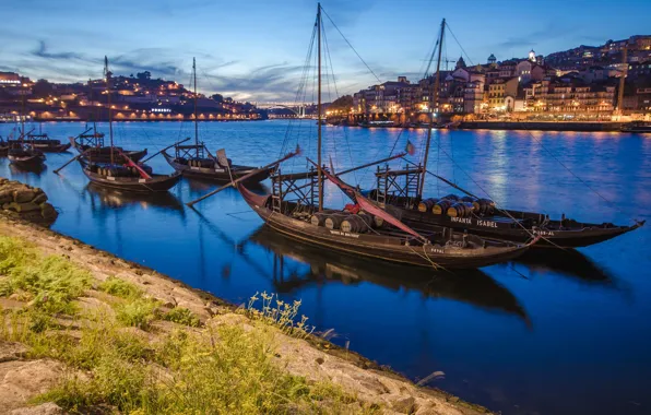 Picture the city, river, home, boats, the evening, lighting, Portugal, harbour