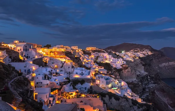 Night, lights, island, home, Santorini, Greece