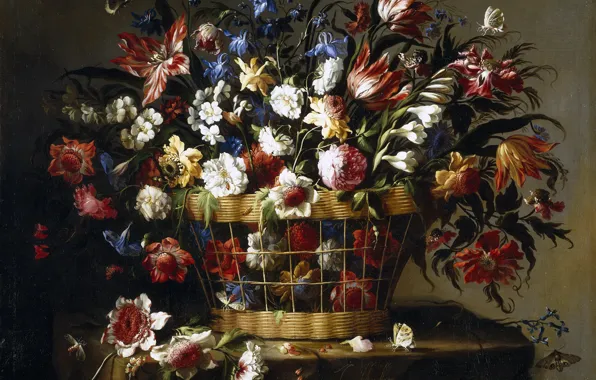 Picture bouquet, petals, still life, Basket Of Flowers, Juan de Arellano