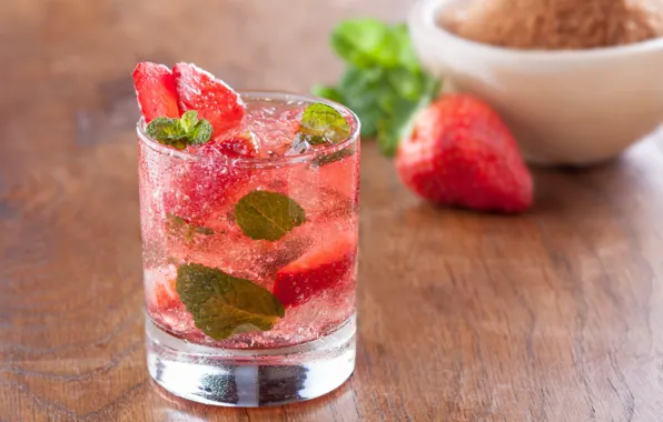 Glass, strawberry, cocktail, mint