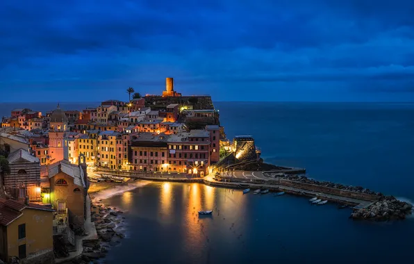 Sunset, night lights, Italy, Vernazza