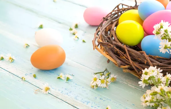 Picture flowers, basket, eggs, spring, colorful, Easter, wood, pink
