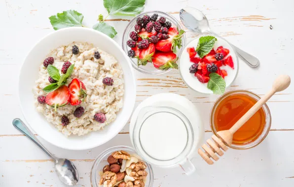 Picture berries, Breakfast, milk, honey, nuts, yogurt, oatmeal, Naumenko Oleksandra