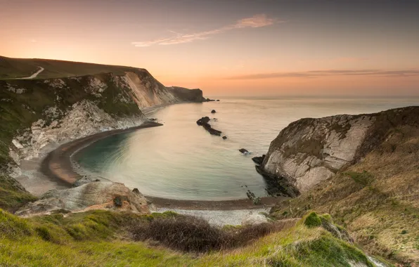 Picture sea, sunset, rocks, England, Bay, Man of War Bay