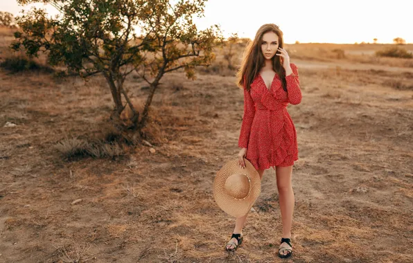 Girl, pose, tree, hat, red dress, Heath, Anton Swarovsky, Ksenia Tsibirova