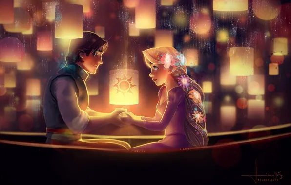 Girl, flowers, night, art, Rapunzel, guy, two, lanterns