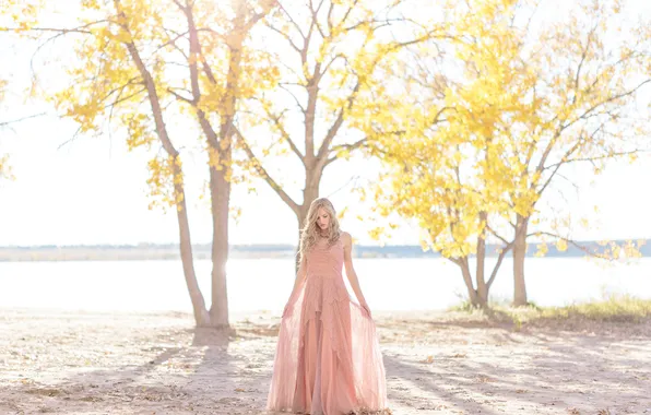 Girl, tree, dress, blonde