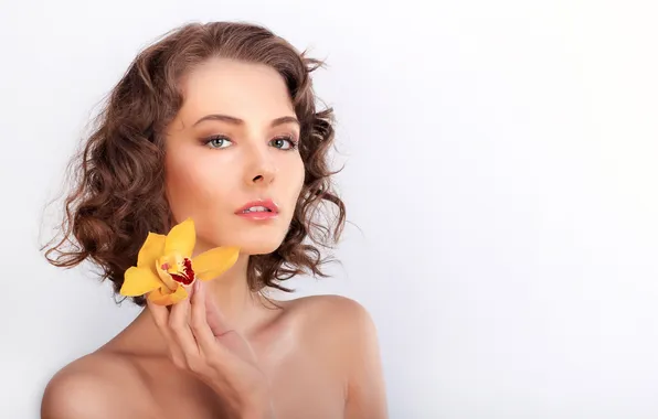 Picture flower, look, girl, yellow, makeup, hairstyle, white background, brown hair