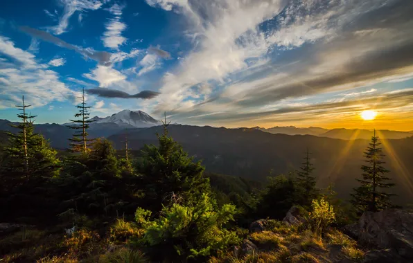 The sky, the sun, clouds, mountains, nature