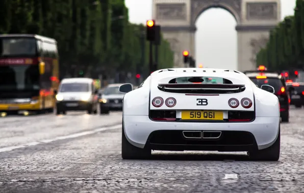 Picture white, machine, the city, Bugatti, arch, Veyron, white, Bugatti